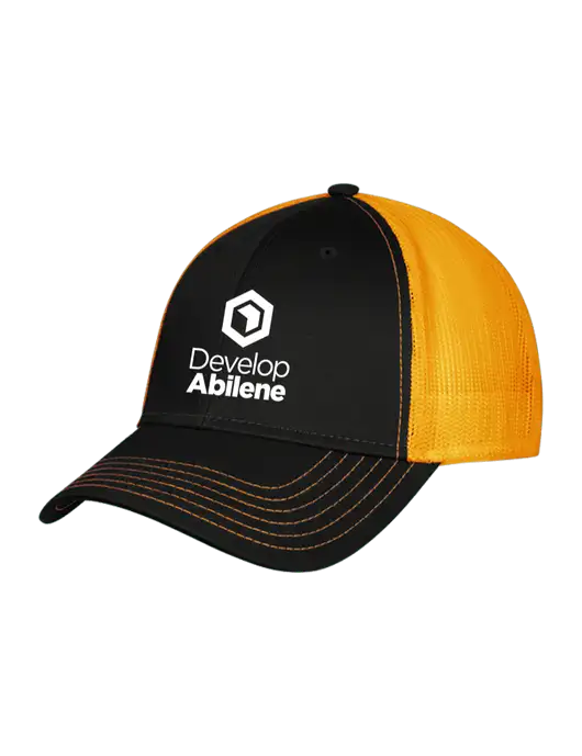 Black/Black/Gold Mesh Gold Stitching on Bill Trucker Cap Snap Back

 w/Develop Abilene Logo